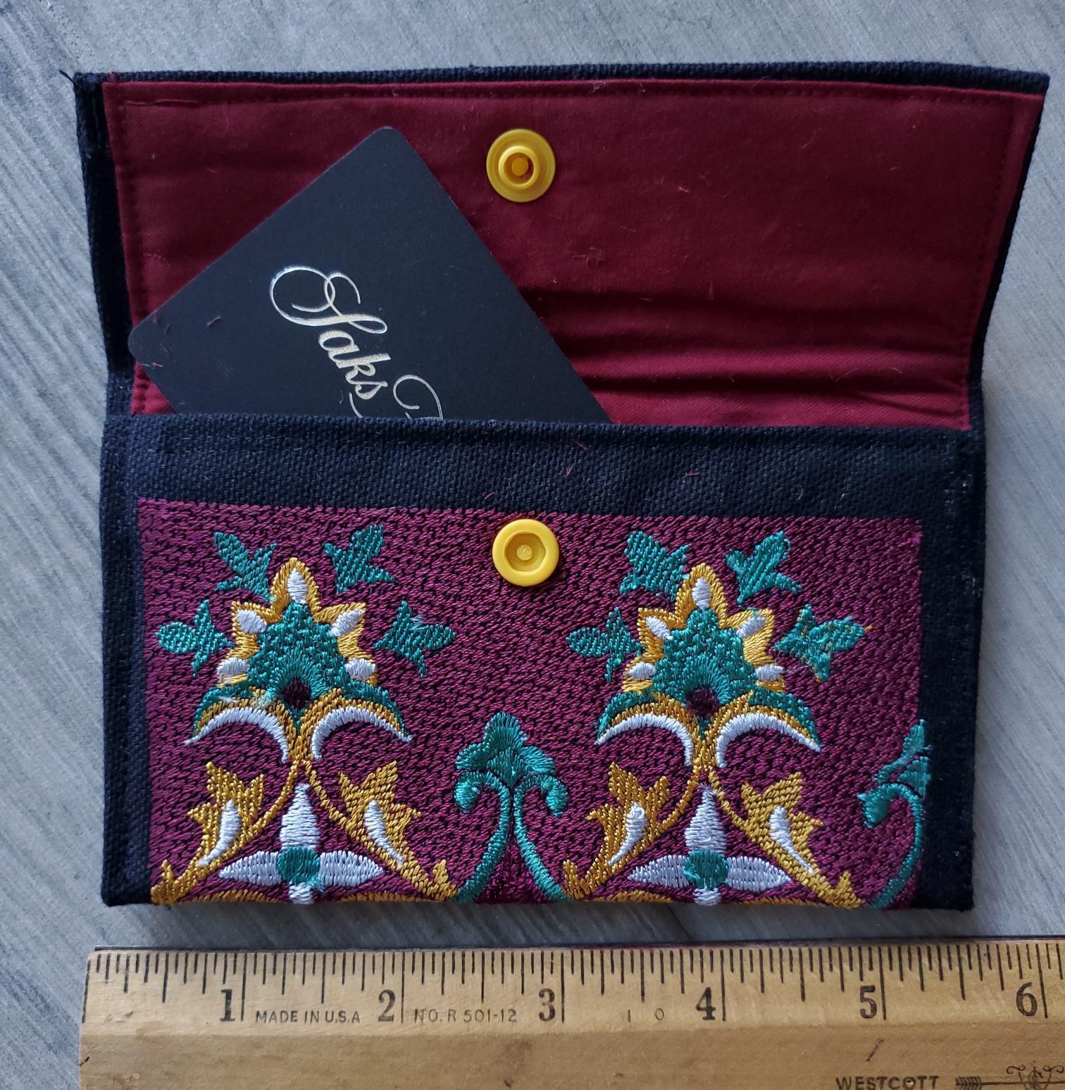 small-tapestry-burgundy-aqua-wallet-open-Jen's-Bag-embroidered-bag